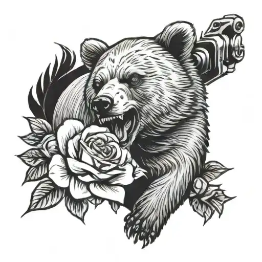 A Tattoo Of Angry Bear Aiming Pistol Surrounded By Roses