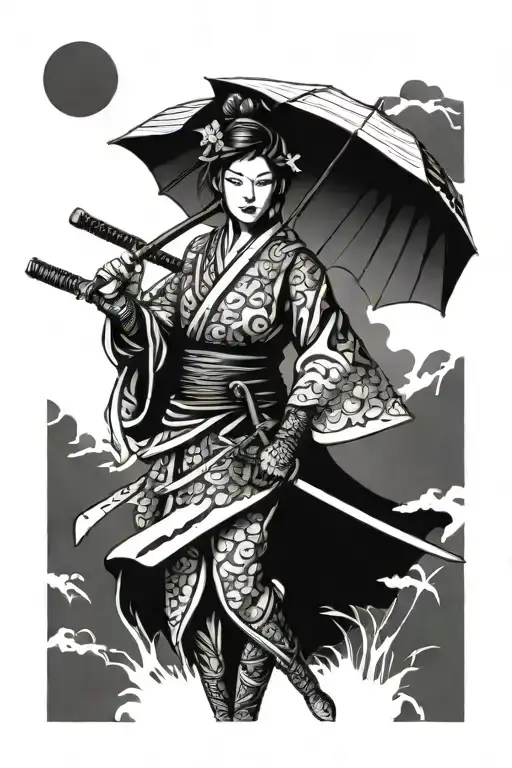 Samurai Female Warrior Holding A Sword And Compass And Samurai Umbrella On The Back