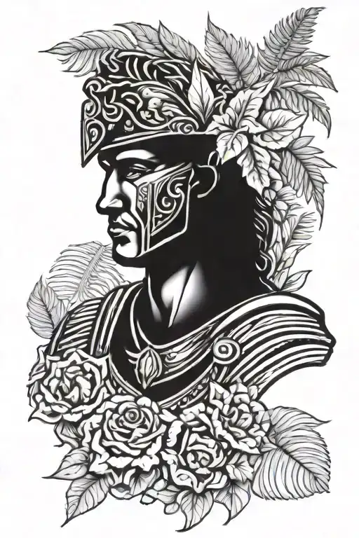 Bust Of A Roman Warrior Surrounded By Tropical Plants