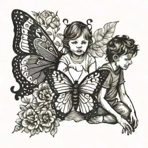 Buterfly With 2 Kids Playing With A Dog Playing