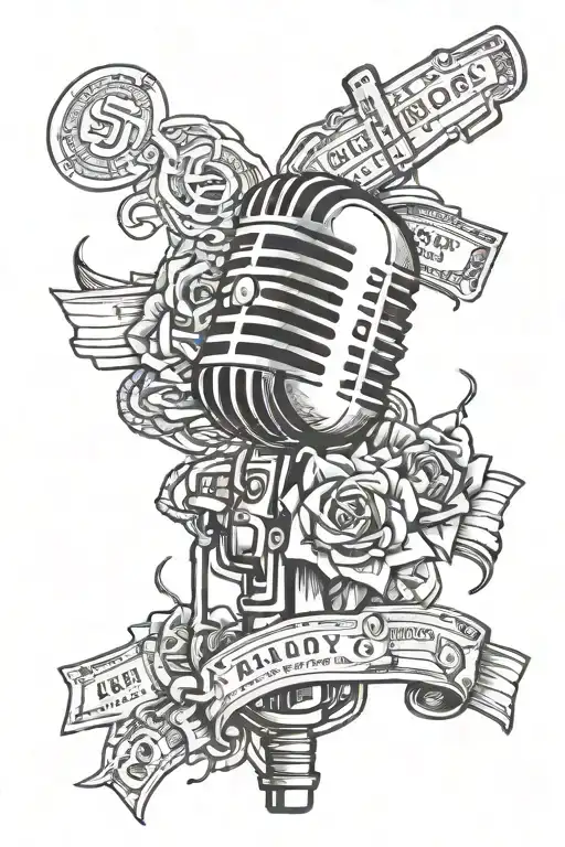 A Tattoo Design Of A Microphone Intertwined With Money Symbols And Car Parts