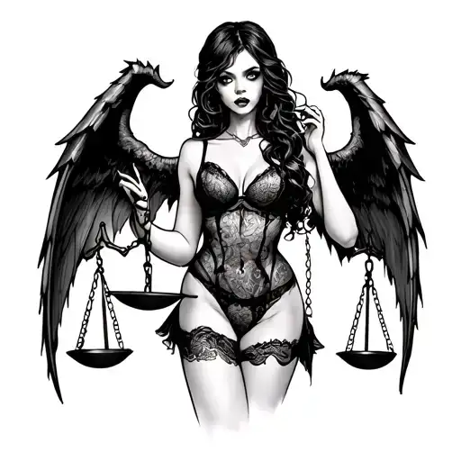 Scary Girl In Sexy Lingerie With Demon Wings Holds Scales Of Justice