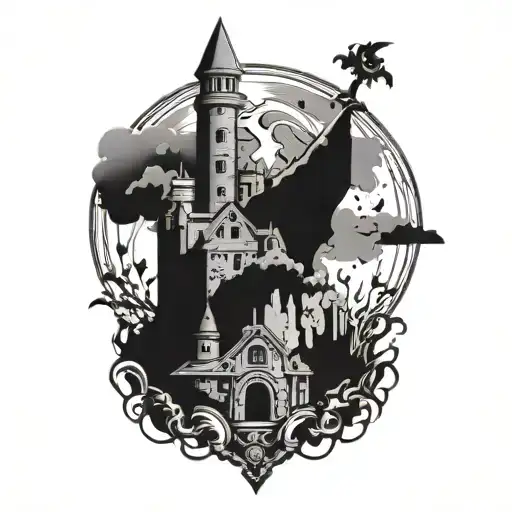 Viking Castle Surrounded By Thunder Bolts And Sword And Shield