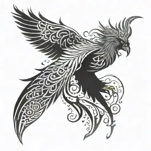 A Phoenix Rising From The Ashes With Intricate Geometric Patterns Incorporated Into Its Feathers