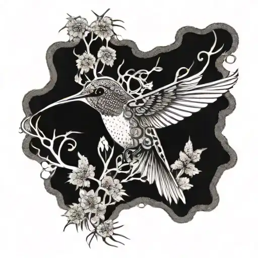 A Dotwork Tattoo Of A Hummingbird Surrounded By Spanish Moss