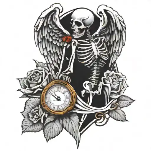 A Skeleton Angel Holding A Rose With A Clock Embedded In Its Chest