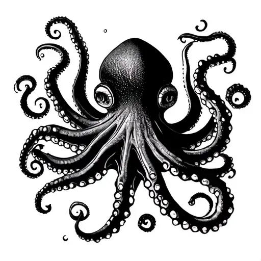 Octopus With Tentacles Extended And Curling And Two Extra Long Tentacles