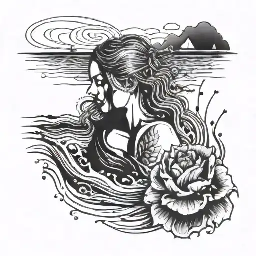 Mother Tatto Minimal Style Black White With Water And Ocean Behind