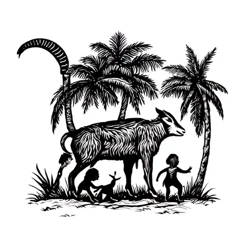 A Stylized Blackwork Tattoo Of A Goat Playing With Kids In A Florida Setting