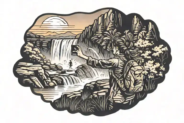 A Silhouette Of A Woman Hiker With A Messy Hair Bun Taking A Photo Of A Waterfall At Sunset