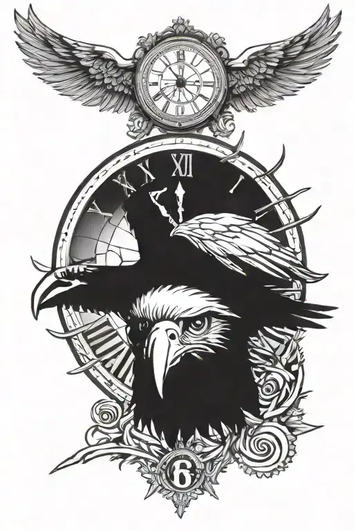 Human Eye With A Broken Roman Numeral Clock Around With An Eagle Underneath