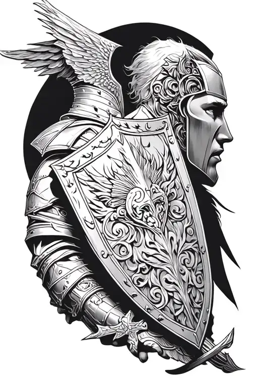 Illustrative Dark Fantasy Knight Holding Shield Side Profile