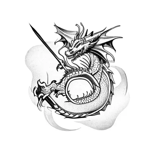 Dragon Over Medieval Villagw