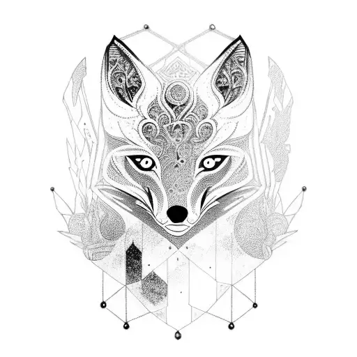 An Intricate Blackwork Tattoo Of A Fox Wearing Futuristic Armor And Holding A Sword