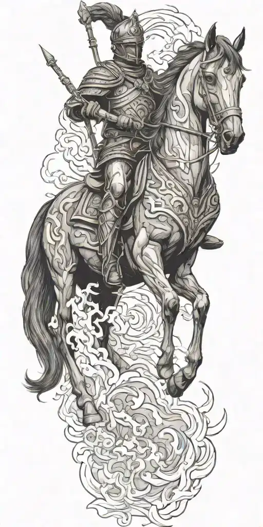 Roman Soldier Riding Black Horse Out Of Fire Coming
