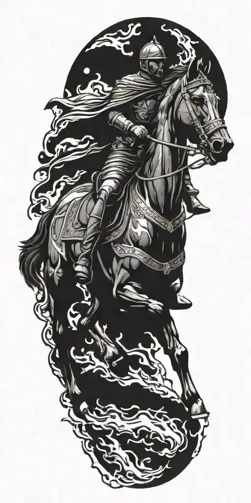 Roman Soldier Riding Black Horse Out Of Fire Coming
