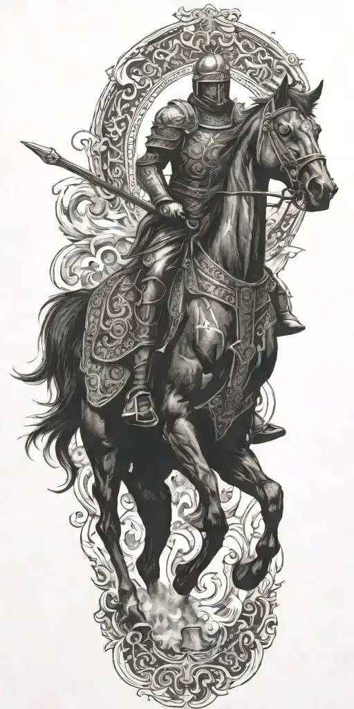 Ancient Soldier Riding Black Horse Out Of Fire Coming