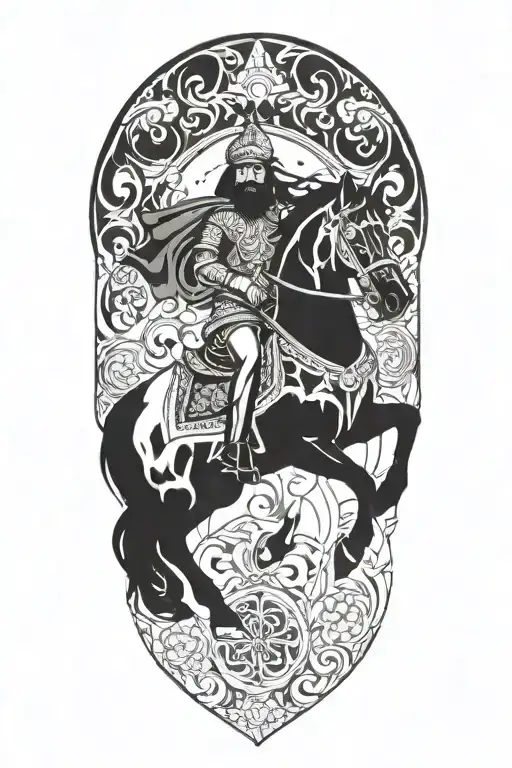 Persian Soldier Riding Black Horse Out Of Fire Coming
