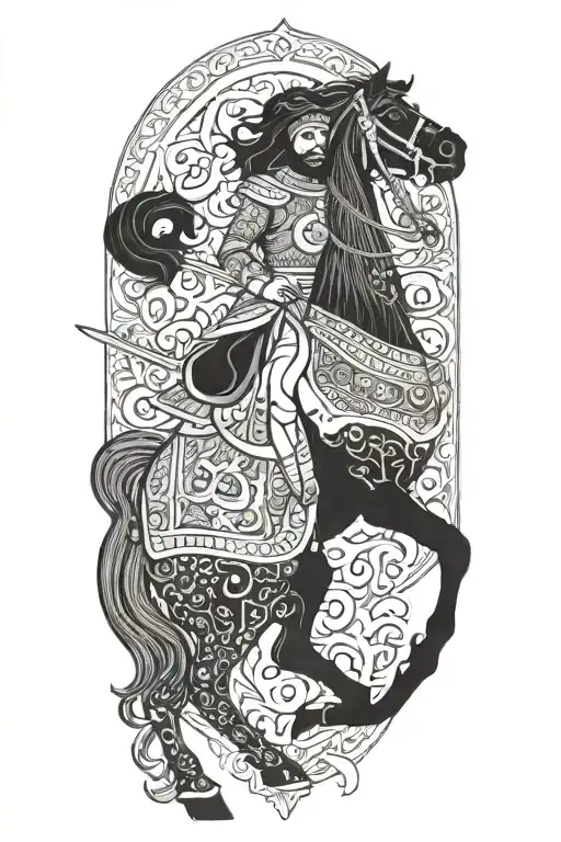 Persian Soldier Riding Black Horse Out Of Fire Coming