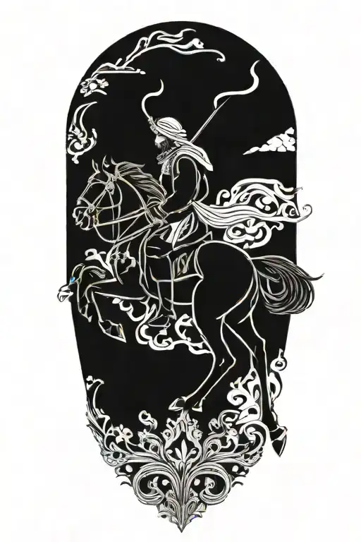 Persian Soldier Riding Black Horse Out Of Fire Coming