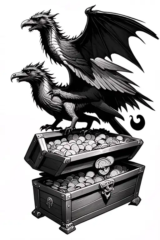 A Dragon And A Raven Flying Around A Treasure Chest That Is Open And Full Of Coins