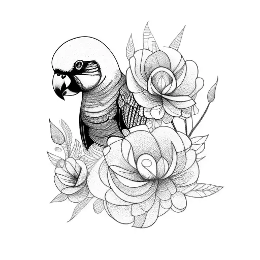 Indian Ringneck Parrot Surrounded By Flowers