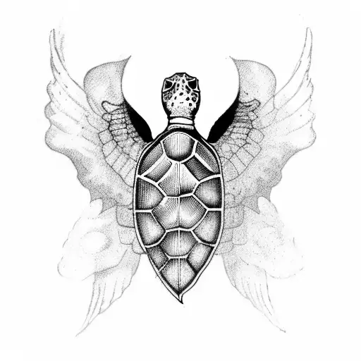 Sea Turtle With Front Paw Turning Into Wings From The Middle