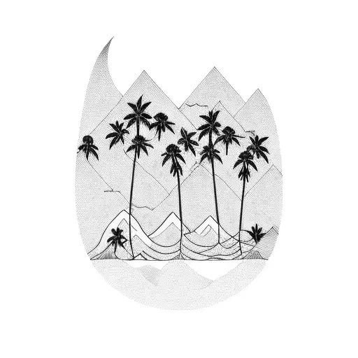 Palm Trees Three Little Birds Waves Two Mountain Peaks