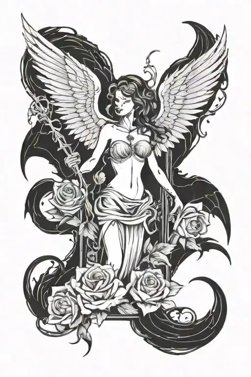 Dimensional Door With A Woman With Demon Wings Who Is Giving A Rose To Death