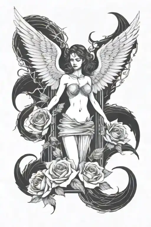 Dimensional Door With A Woman With Demon Wings Who Is Giving A Rose To Death
