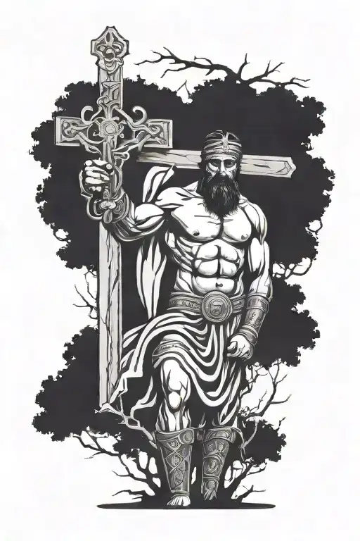 Roman Gladiator Next To A Tree With A Crucifix In The Back