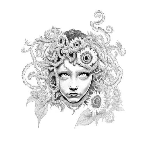 Medusa With Sunflowers And A Little Girl