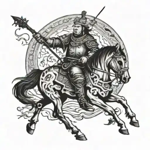 Mongol Warrior Playing A Guitar On Running Horse