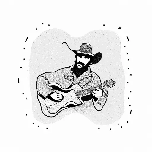 A Blackwork Tattoo Of A Cowboy Playing A Guitar On A Desert Landscape