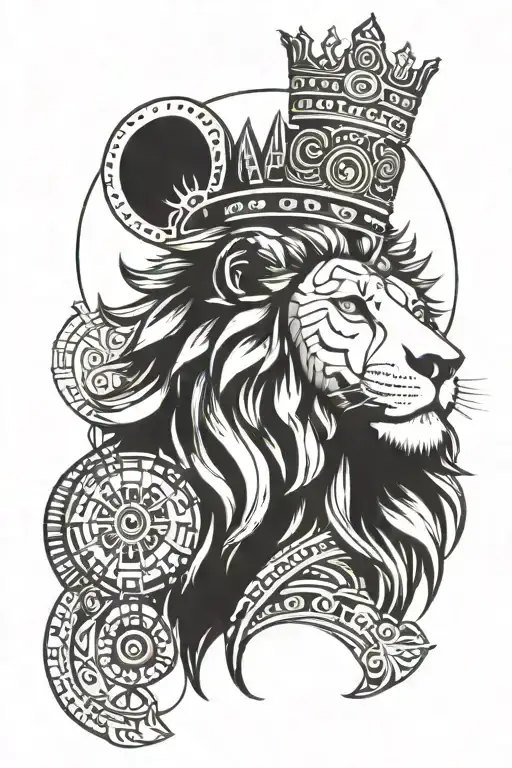 Lion Wearing A Crown With Mayan Heritage In The Background