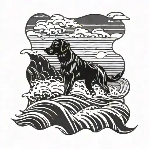 A Beach Scene With A Silhouette Of A Dog Playing In The Waves