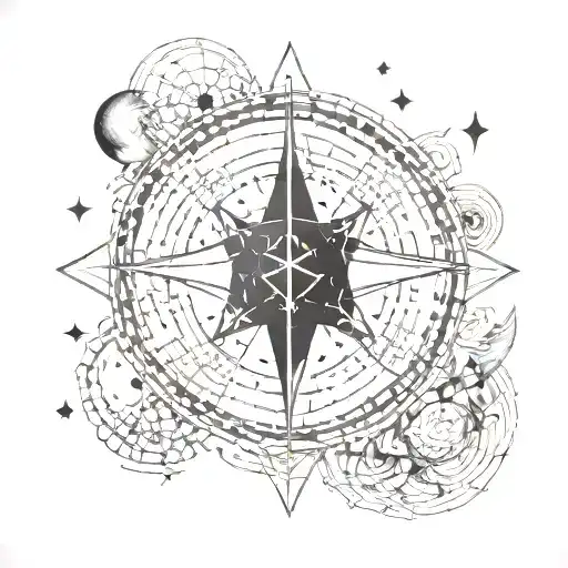 An Abstract Blackwork Tattoo Of A Star Chart Intertwined With Tarot Card Symbols