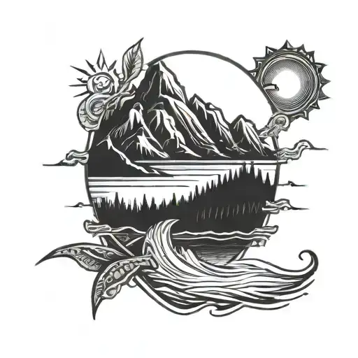 Mountain Sun And Beach Landscape Tattoo Featuring