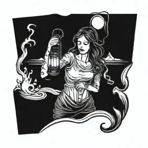 Woman Wading Through Water Holding Lantern Shining Light