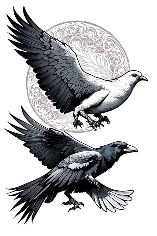 A Dove Fighting A Raven Flying