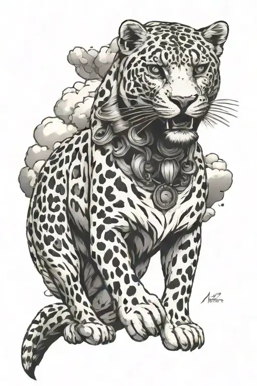 Snow Leopord With Samuri Mask With Clouds And Mountains In Background