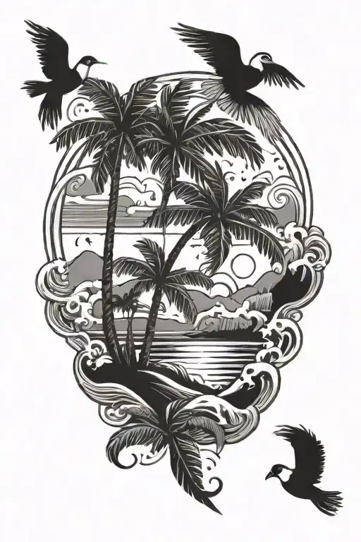 Waves Palm Tree Beach Birds