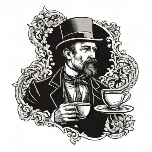 A Handsome Victorian Gentleman Holding A Cup Of Coffee In A Blackwork Silhouette