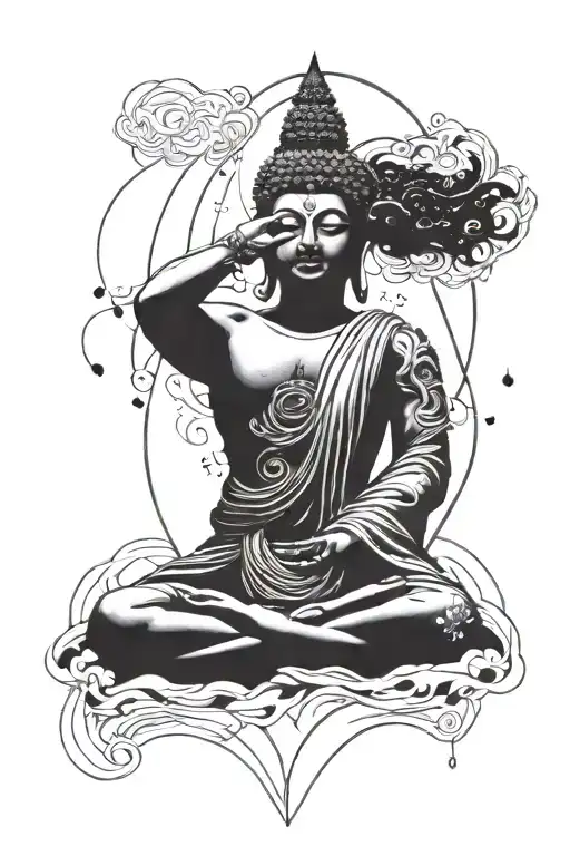 Black And White Tall Standing Up Buda With Galaxy Alining Behind