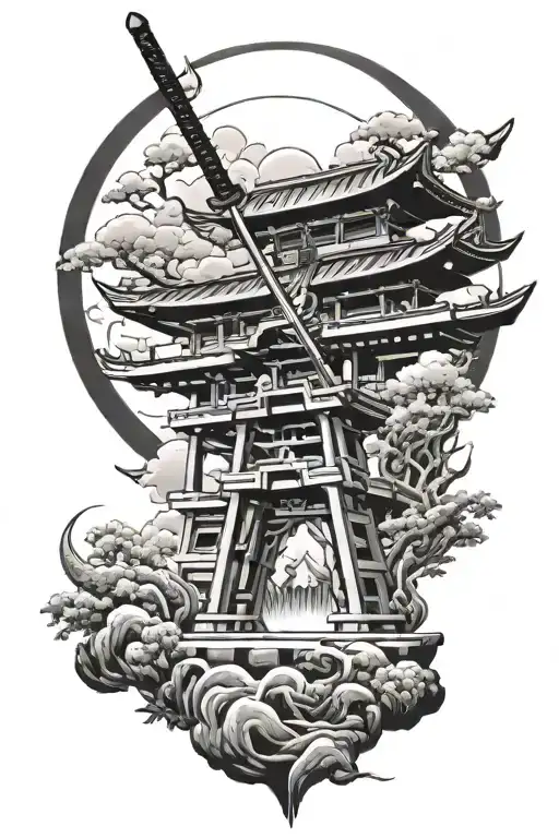 Torii Gate With Samurai Warrior Wielding A Sword Surrounded