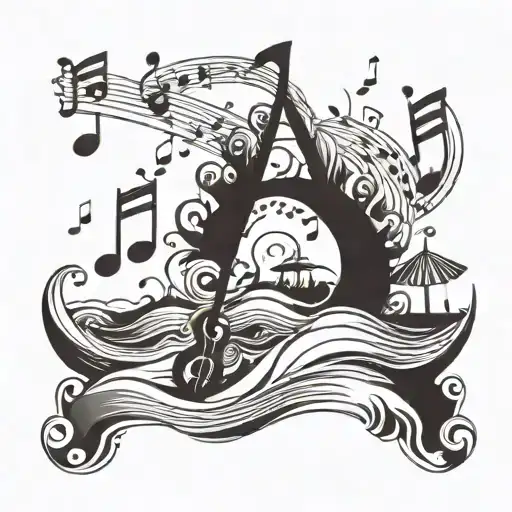 An Abstract Representation Of A Beach Scene With Musical Notes Floating In The Sky