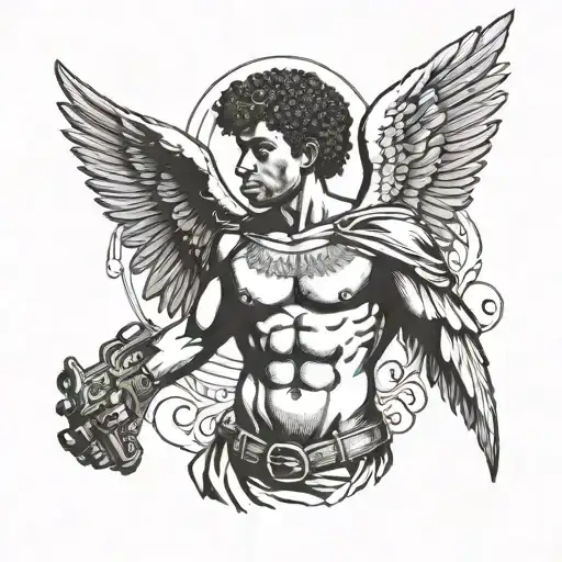 Cupid As A Black Man With Large Wings Holding A Gun
