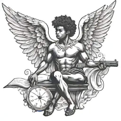 Cupid As A Black Man With Large Wings Holding A Gun