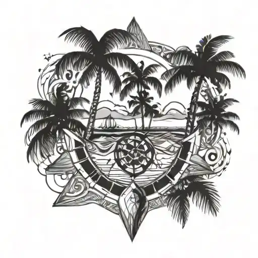 Wind Rose Under The Island With Palm Trees Standing On A Turtle