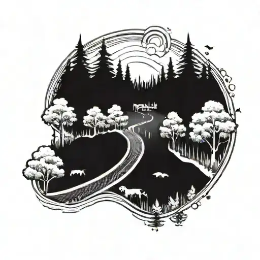 A Tattoo Design Of A Road Winding Through A Forest With A Hidden Dog Silhouette